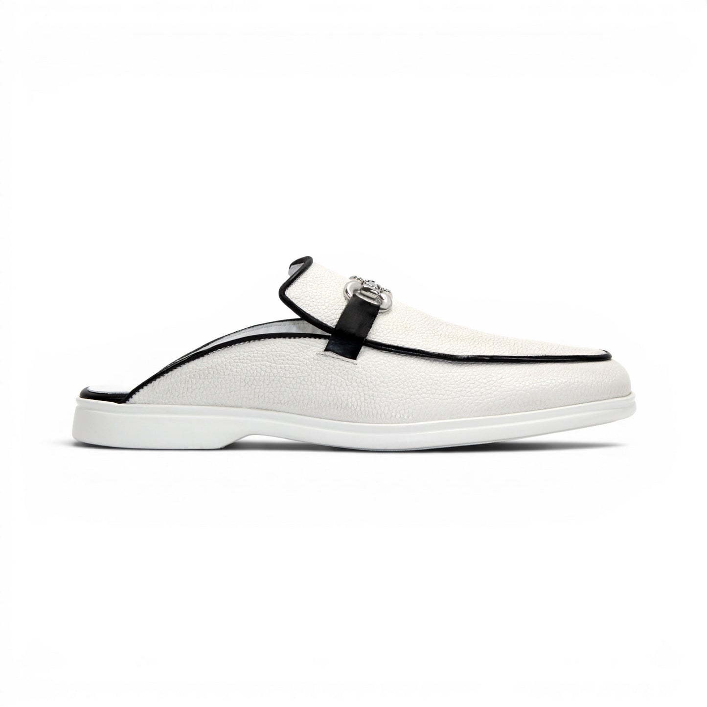The Duca Di Matiste Duca SA493 White/Black is a white Italian leather slip-on mule with a black trim, low heel, metal buckle, and durable rubber sole, shown in profile against a plain white background.