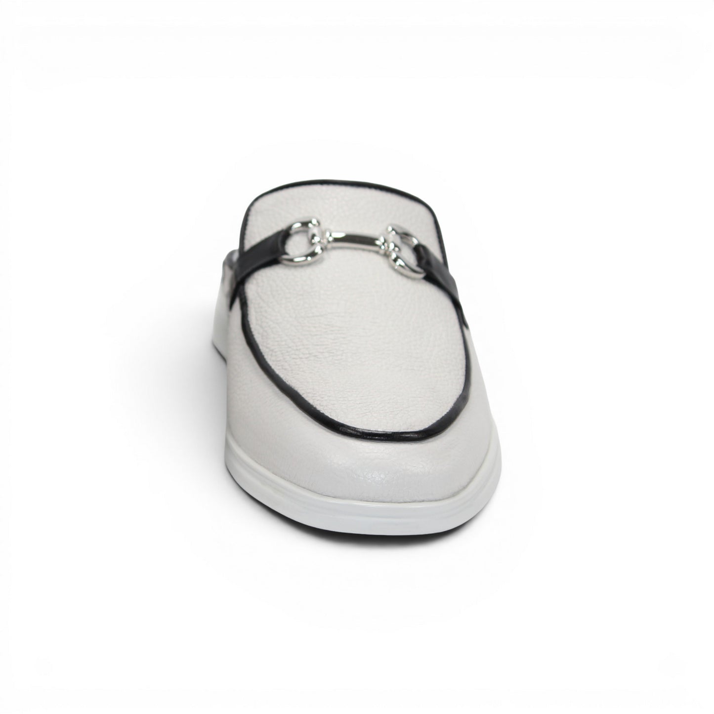 The Duca Di Matiste Duca SA493 White/Black is a white Italian leather slip-on mule with a black trim, low heel, metal buckle, and durable rubber sole, shown in profile against a plain white background.