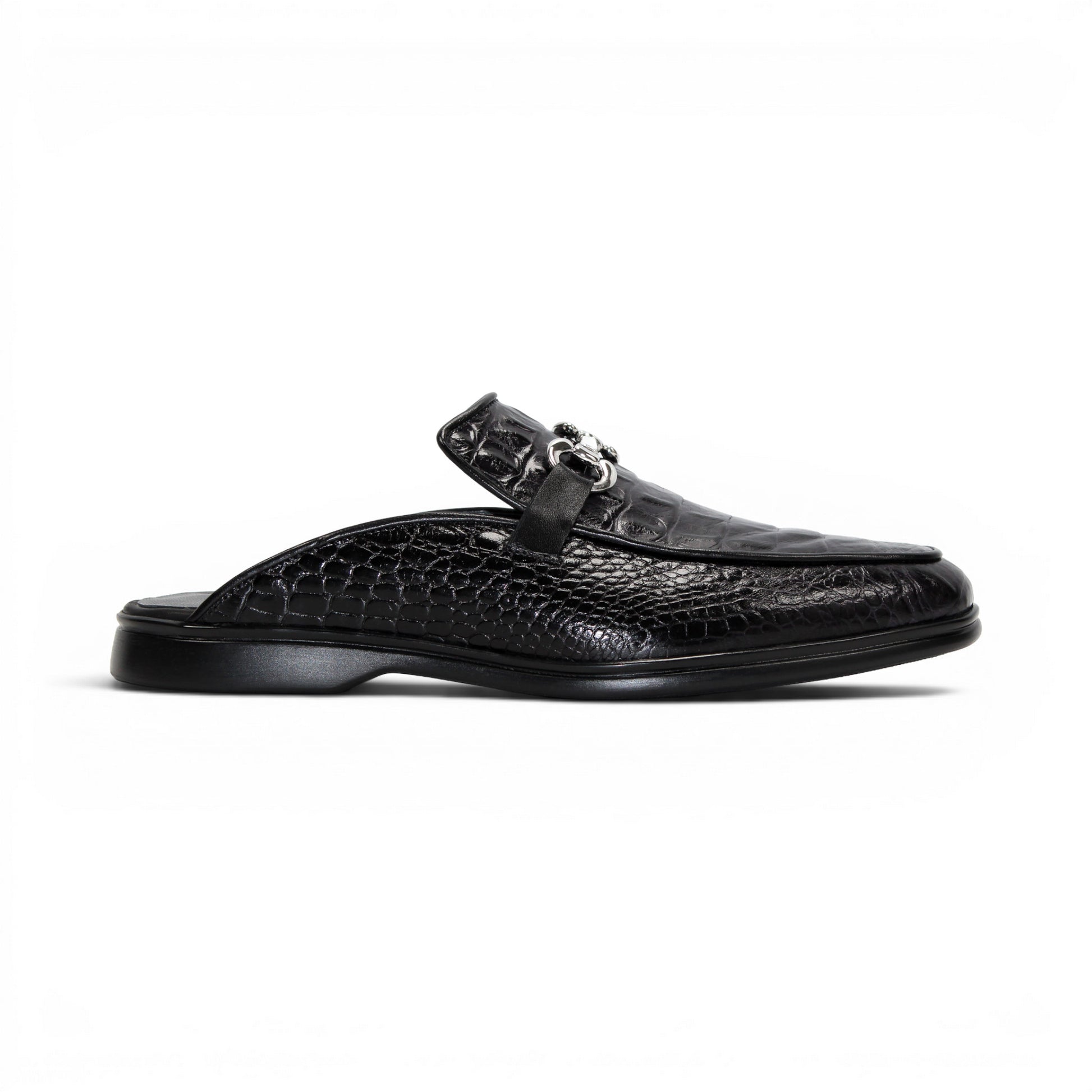 The Duca Di Matiste Duca SA493 Black is a black calf croco leather mule with a crocodile pattern, silver metal bit detail, and an open back, shown from the side against a white background.