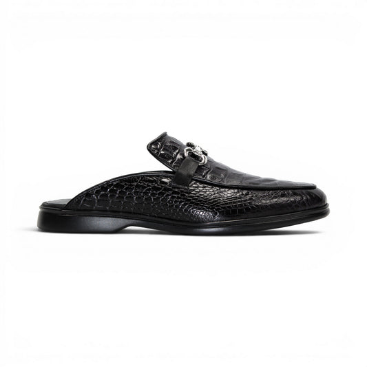 The Duca Di Matiste Duca SA493 Black is a black calf croco leather mule with a crocodile pattern, silver metal bit detail, and an open back, shown from the side against a white background.