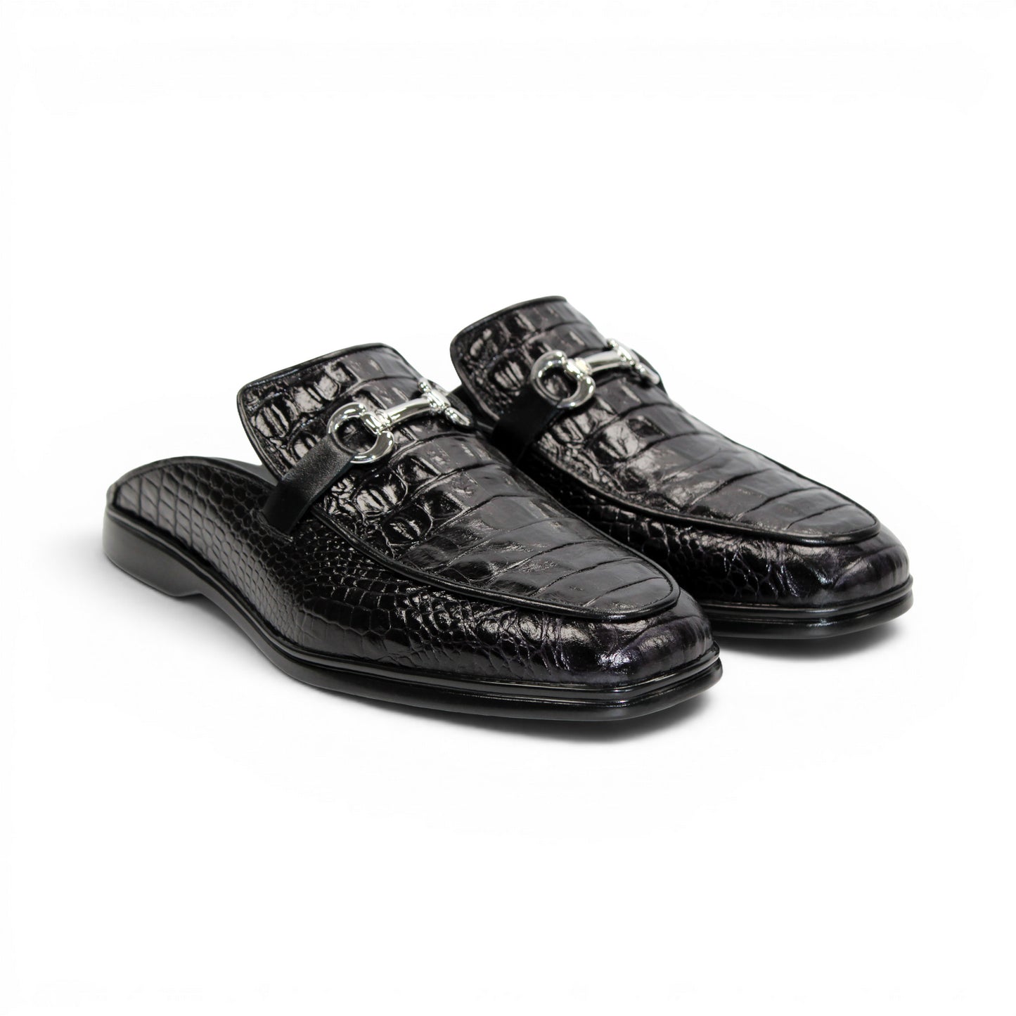 The Duca Di Matiste Duca SA493 Black is a black calf croco leather mule with a crocodile pattern, silver metal bit detail, and an open back, shown from the side against a white background.