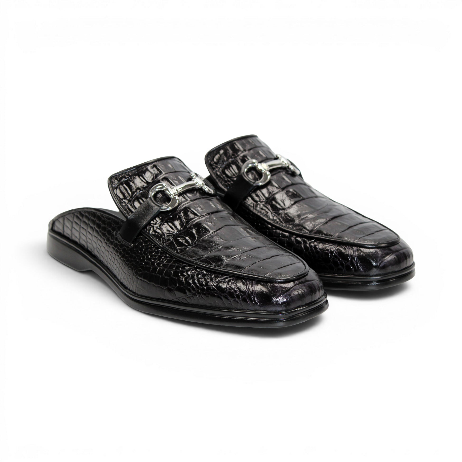 The Duca Di Matiste Duca SA493 Black is a black calf croco leather mule with a crocodile pattern, silver metal bit detail, and an open back, shown from the side against a white background.