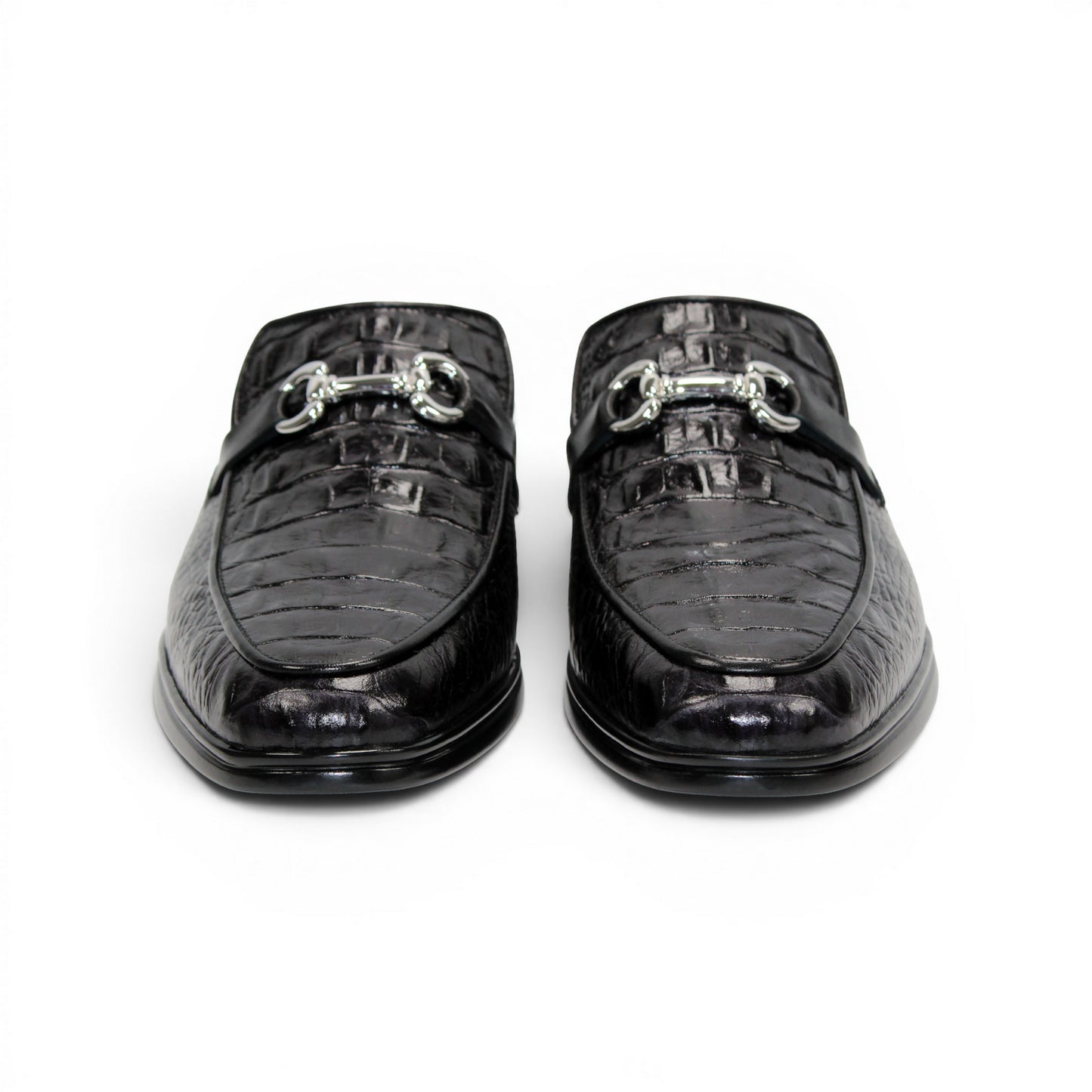 The Duca Di Matiste Duca SA493 Black is a black calf croco leather mule with a crocodile pattern, silver metal bit detail, and an open back, shown from the side against a white background.