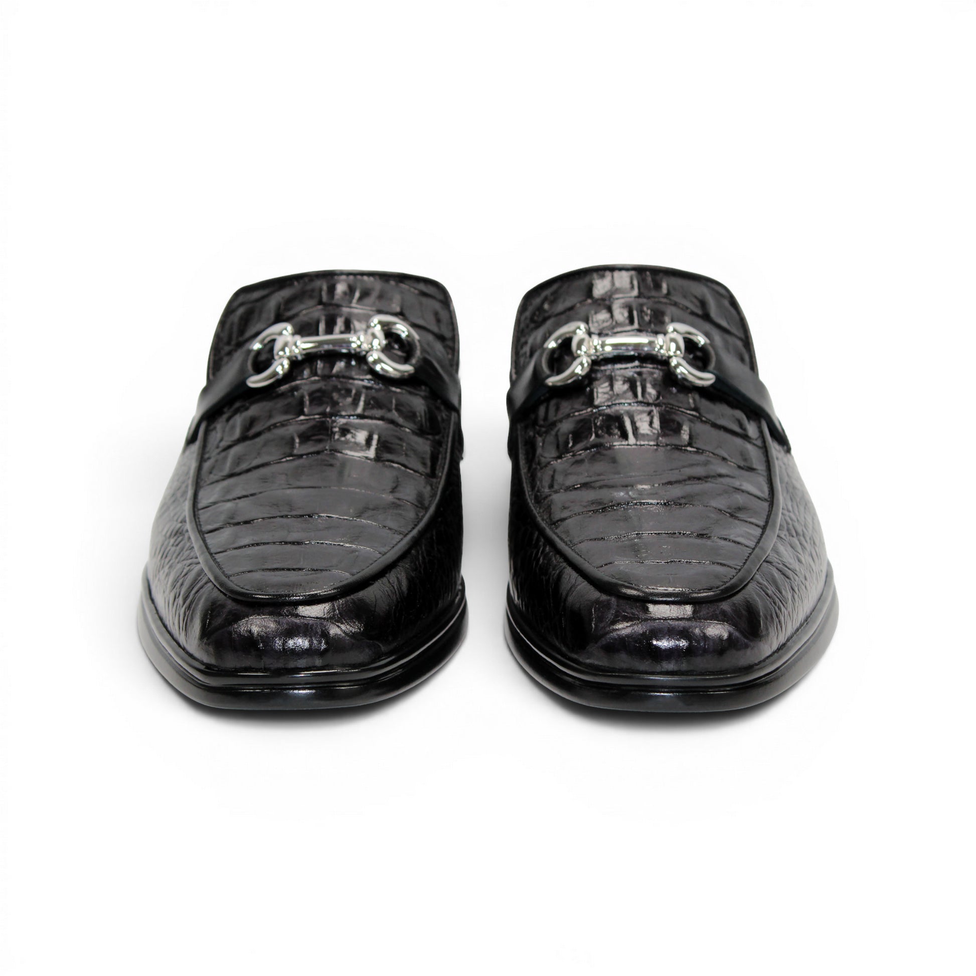 The Duca Di Matiste Duca SA493 Black is a black calf croco leather mule with a crocodile pattern, silver metal bit detail, and an open back, shown from the side against a white background.