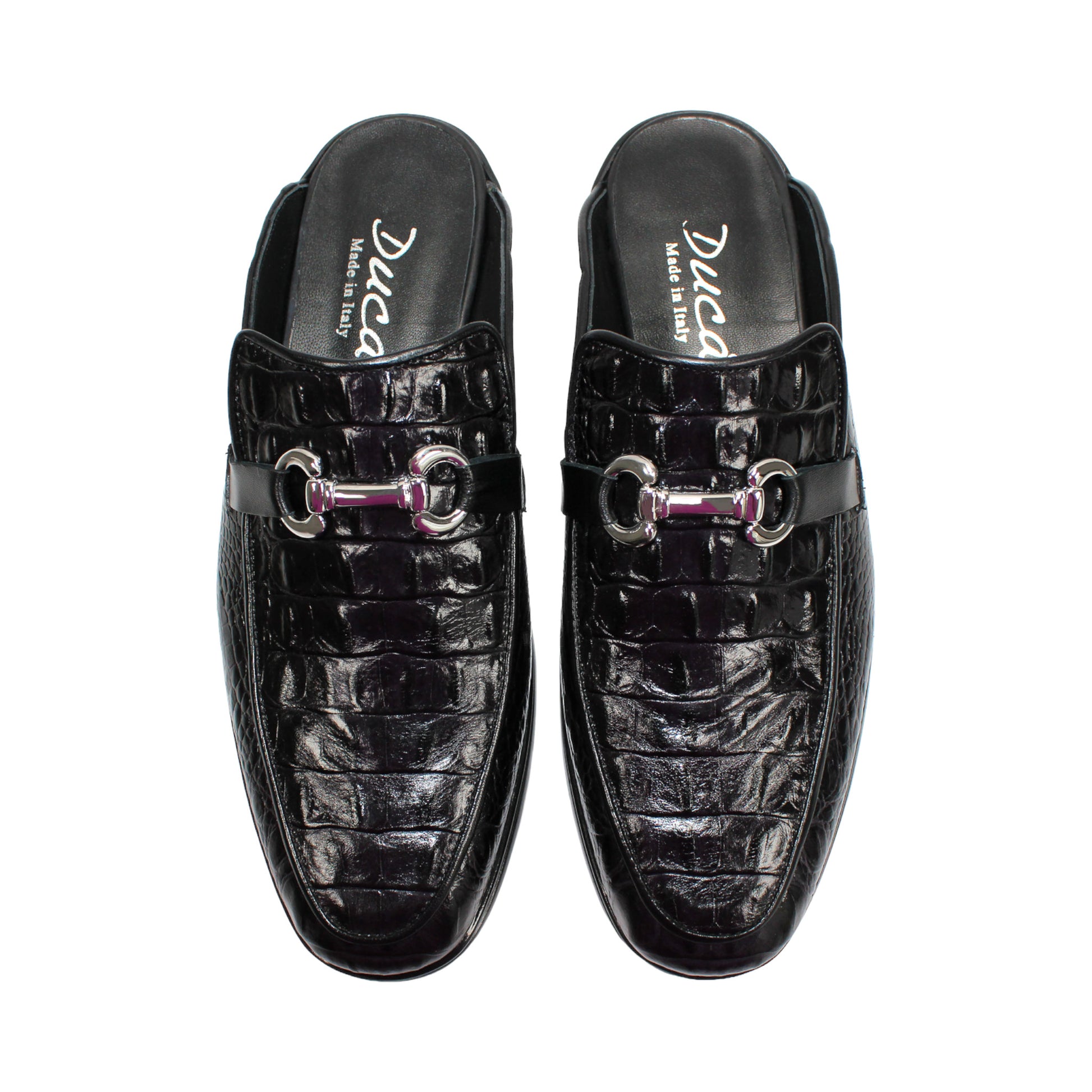 The Duca Di Matiste Duca SA493 Black is a black calf croco leather mule with a crocodile pattern, silver metal bit detail, and an open back, shown from the side against a white background.
