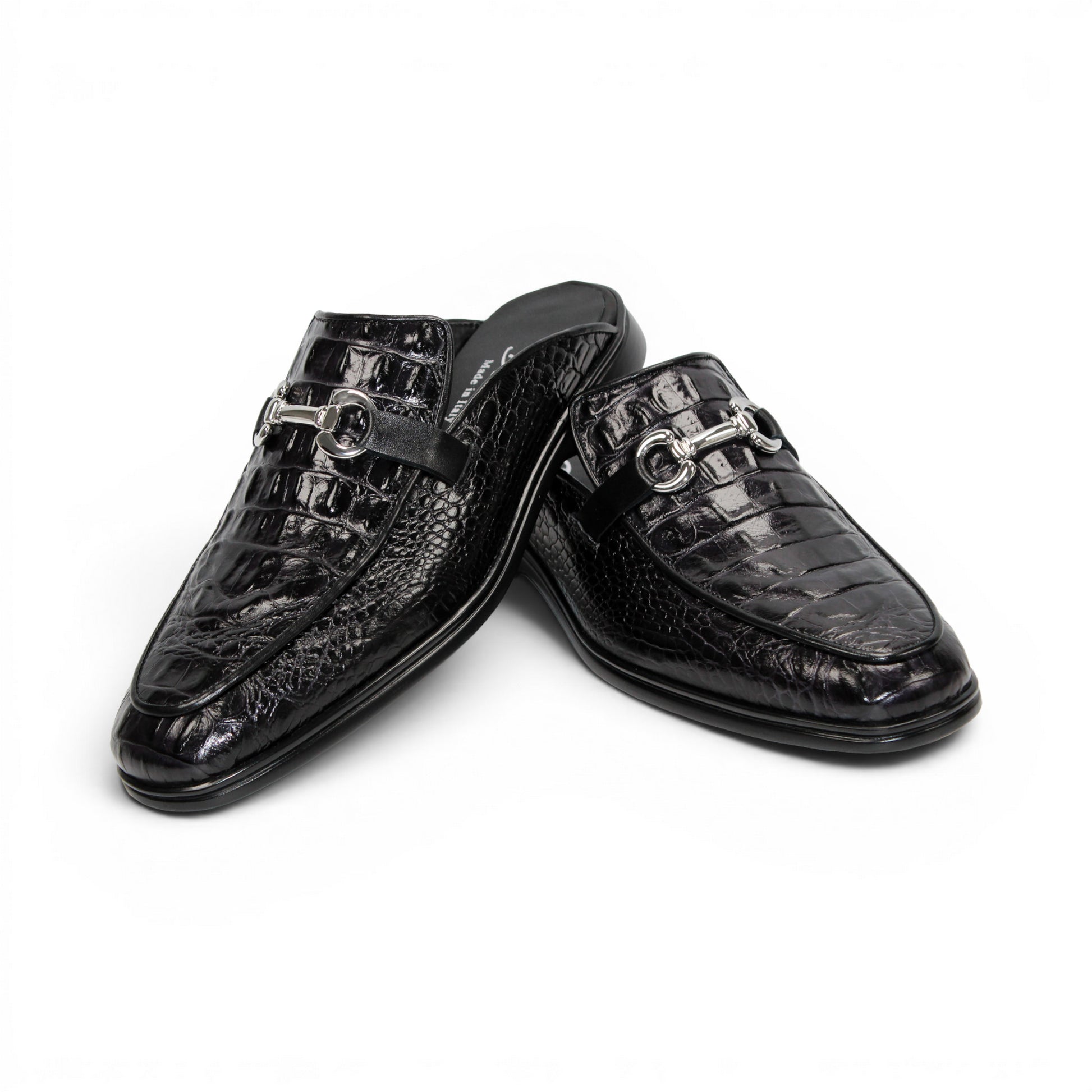 The Duca Di Matiste Duca SA493 Black is a black calf croco leather mule with a crocodile pattern, silver metal bit detail, and an open back, shown from the side against a white background.