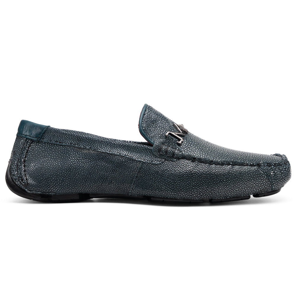 Navy blue textured leather Salermo Navy loafers by Marco Di Milano featuring a silver-tone metal bit across the top and black rubber outsoles.