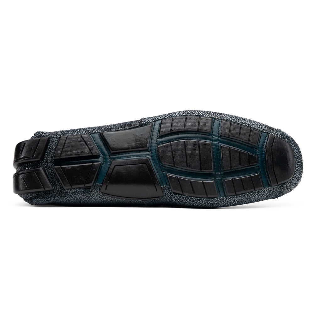 Navy blue textured leather Salermo Navy loafers by Marco Di Milano featuring a silver-tone metal bit across the top and black rubber outsoles.