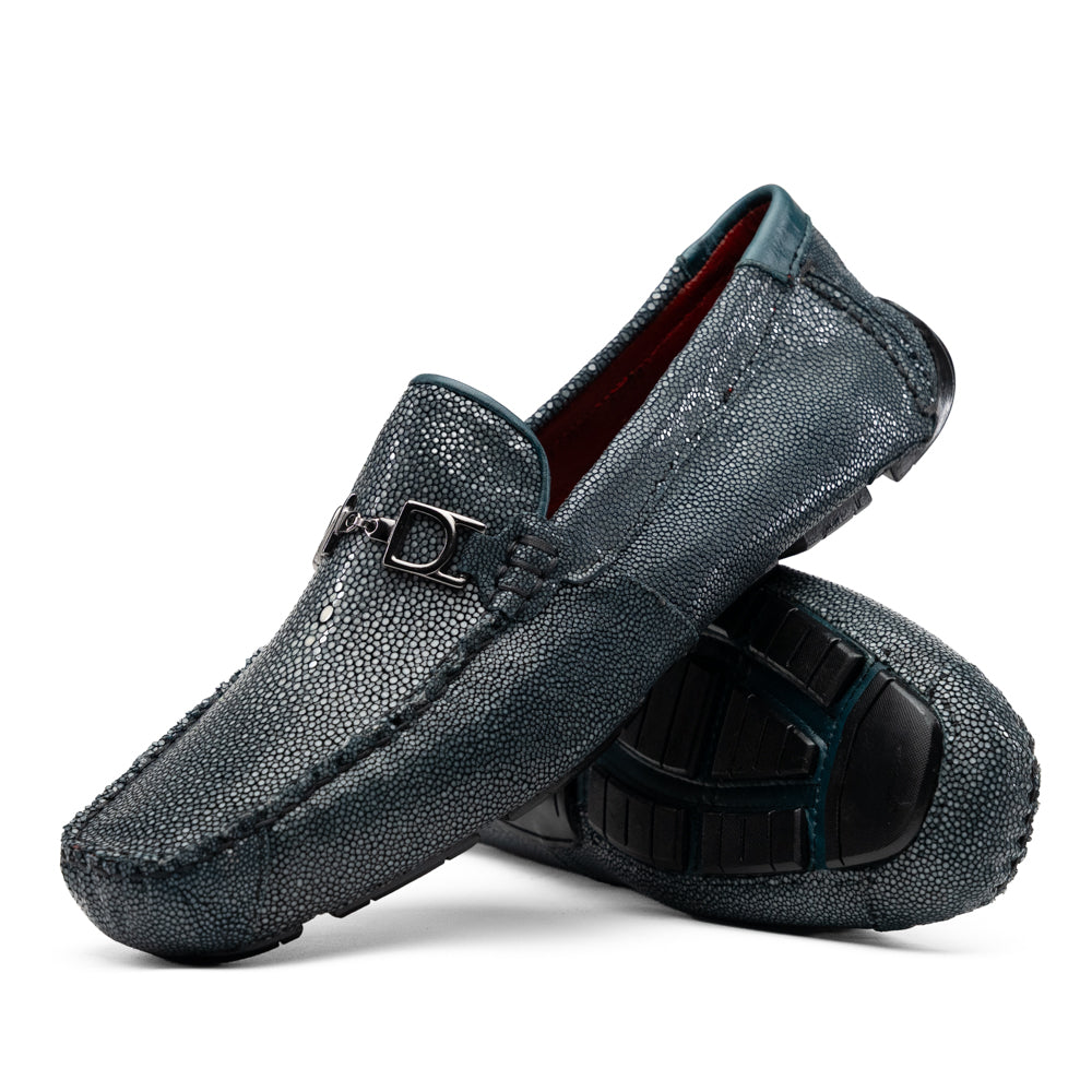 Navy blue textured leather Salermo Navy loafers by Marco Di Milano featuring a silver-tone metal bit across the top and black rubber outsoles.