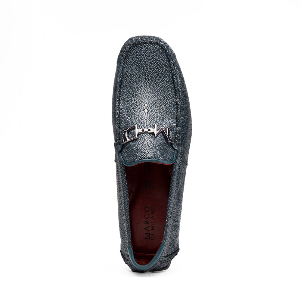 Navy blue textured leather Salermo Navy loafers by Marco Di Milano featuring a silver-tone metal bit across the top and black rubber outsoles.