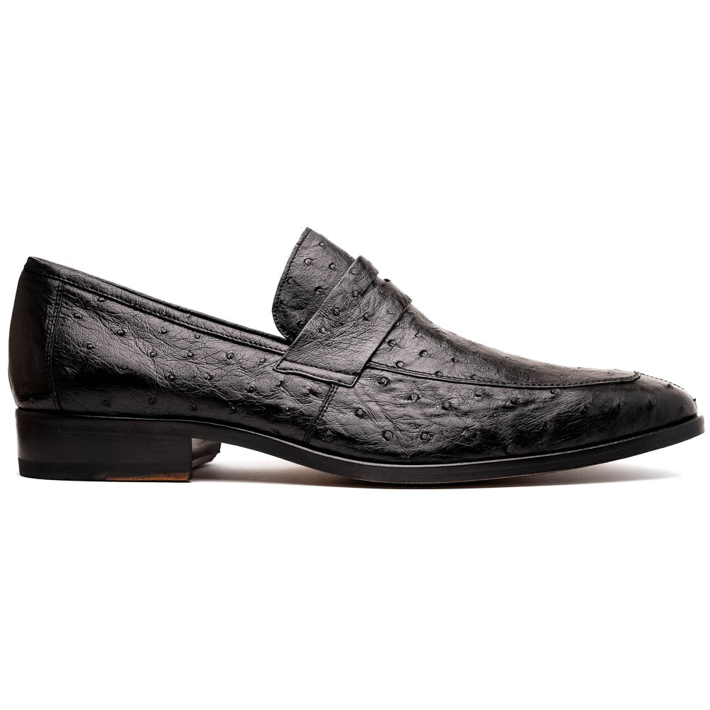 The Salvatore Black by Marco Di Milano is a pair of genuine ostrich leather loafers in black with a brown leather sole, detailed stitching, and an embossed brand logo on the outsole—ideal for luxury footwear enthusiasts.