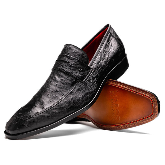 The Salvatore Black by Marco Di Milano is a pair of genuine ostrich leather loafers in black with a brown leather sole, detailed stitching, and an embossed brand logo on the outsole—ideal for luxury footwear enthusiasts.