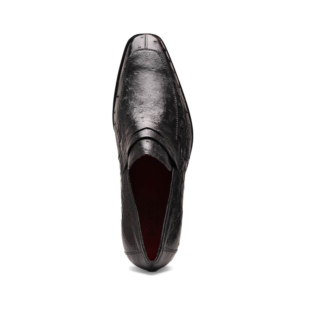 The Salvatore Black by Marco Di Milano is a pair of genuine ostrich leather loafers in black with a brown leather sole, detailed stitching, and an embossed brand logo on the outsole—ideal for luxury footwear enthusiasts.