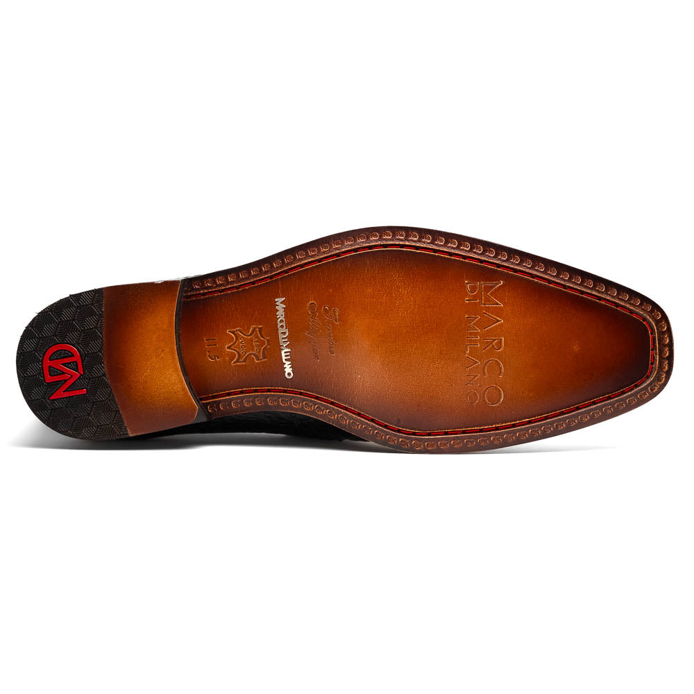 The Salvatore Black by Marco Di Milano is a pair of genuine ostrich leather loafers in black with a brown leather sole, detailed stitching, and an embossed brand logo on the outsole—ideal for luxury footwear enthusiasts.