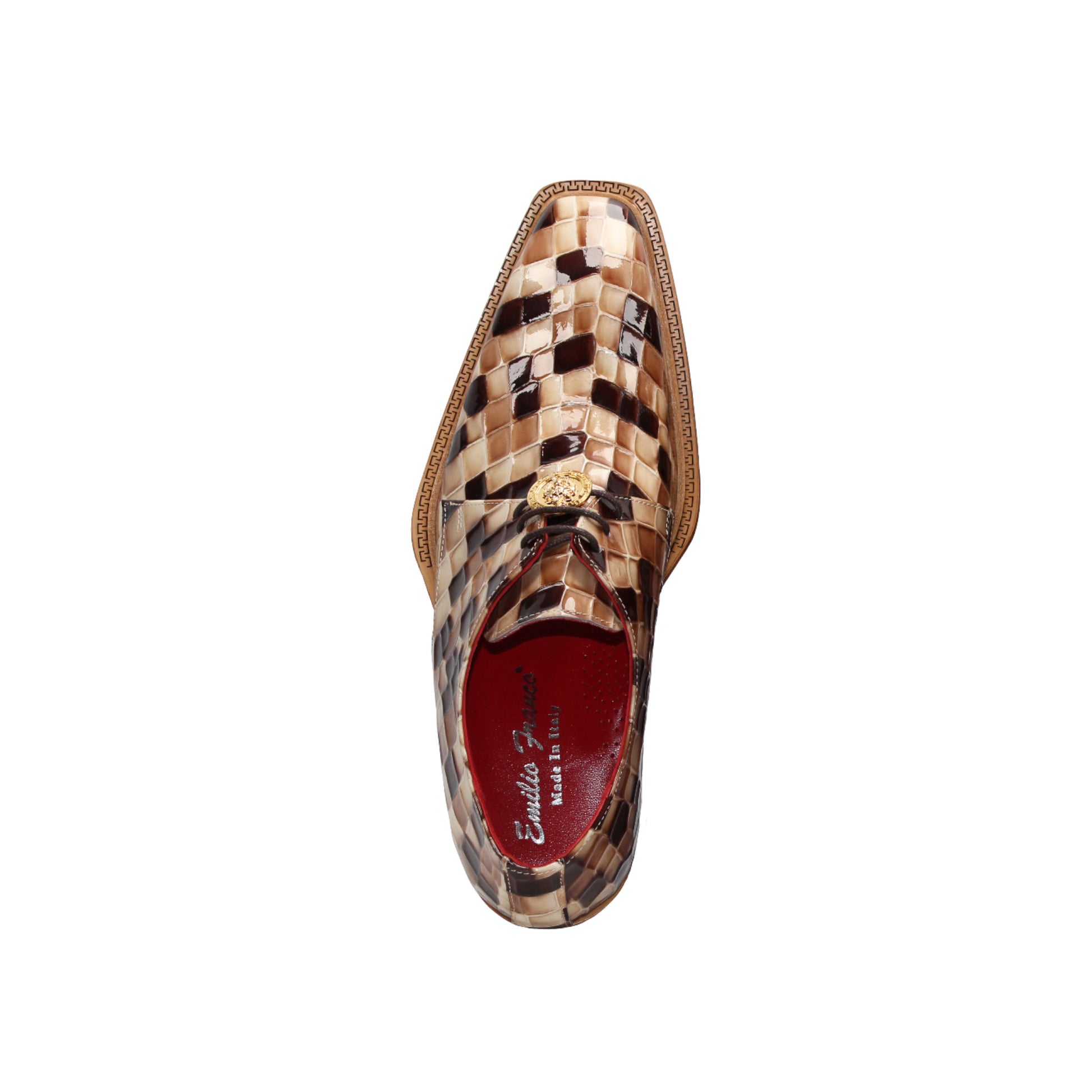 The Emilio Franco Couture Santo Brown Combo by Emilio Franco Couture features a woven checkerboard design in brown and beige, red lining, and a wooden sole—blending luxury and Italian-inspired elegance.