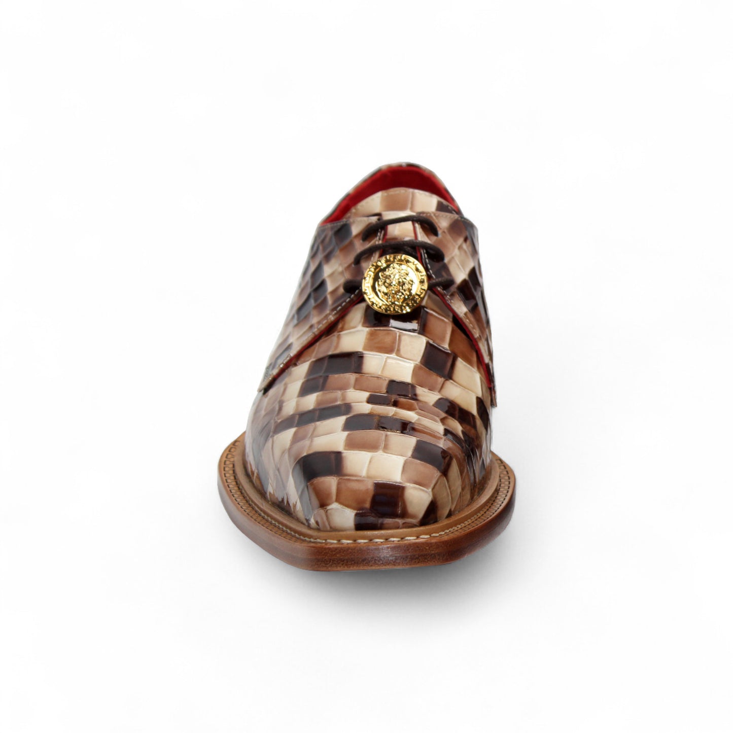 The Emilio Franco Couture Santo Brown Combo by Emilio Franco Couture features a woven checkerboard design in brown and beige, red lining, and a wooden sole—blending luxury and Italian-inspired elegance.