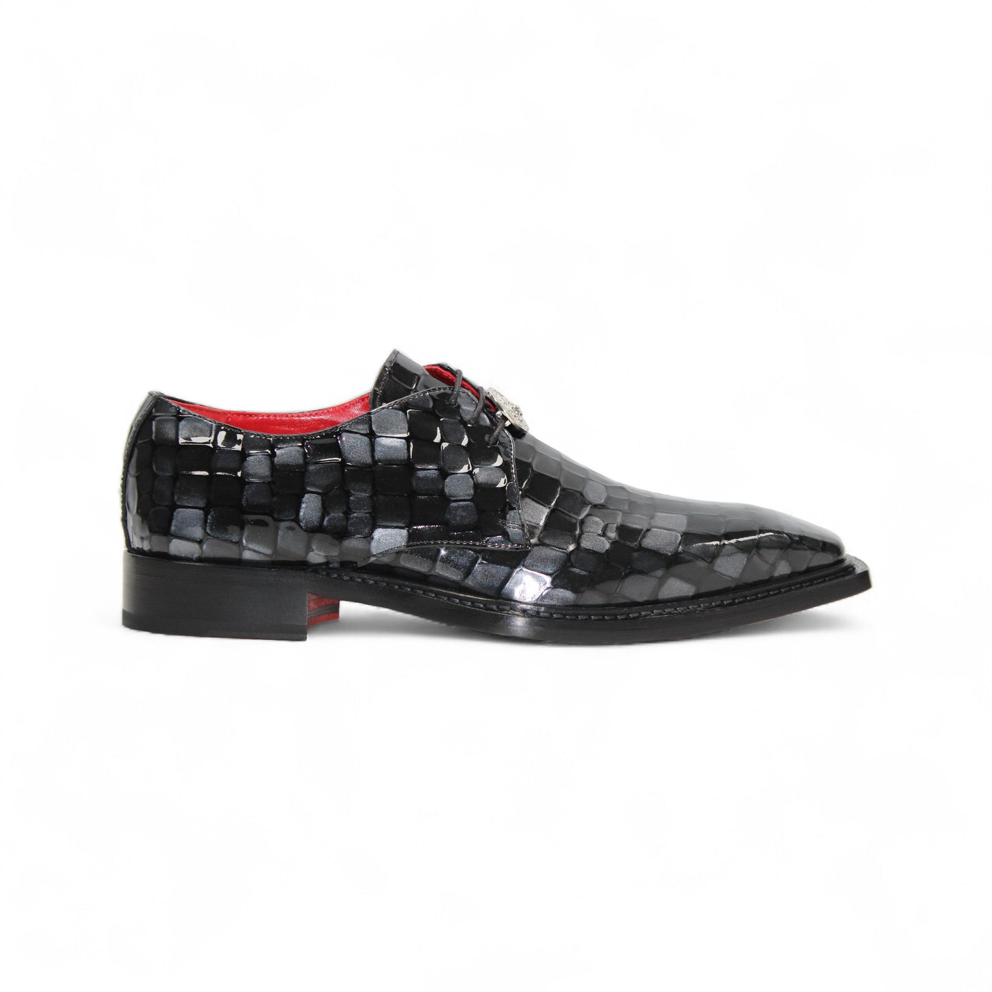 The Emilio Franco Couture Santo Black Combo is a black Italian patent leather dress shoe with a woven checkerboard pattern, red interior lining, lace-up closure, and low heel by Emilio Franco Couture—luxury footwear on a white background.