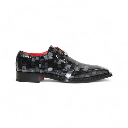 The Emilio Franco Couture "Santo" Black Combo Shoes feature glossy black croc-patterned leather, a red inner lining, and a leather sole, shown in side profile on a white background.