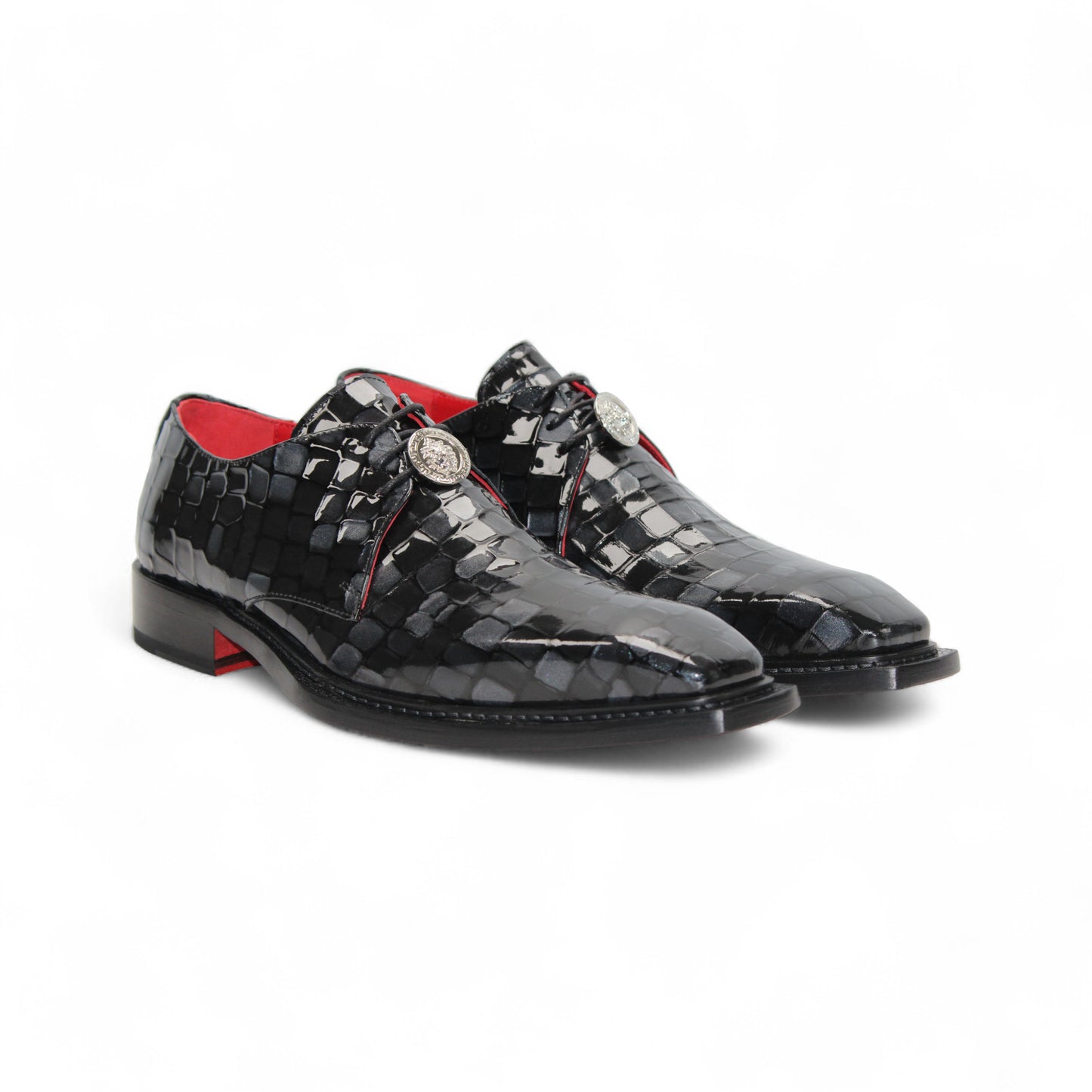 The Emilio Franco Couture Santo Black Combo is a black Italian patent leather dress shoe with a woven checkerboard pattern, red interior lining, lace-up closure, and low heel by Emilio Franco Couture—luxury footwear on a white background.