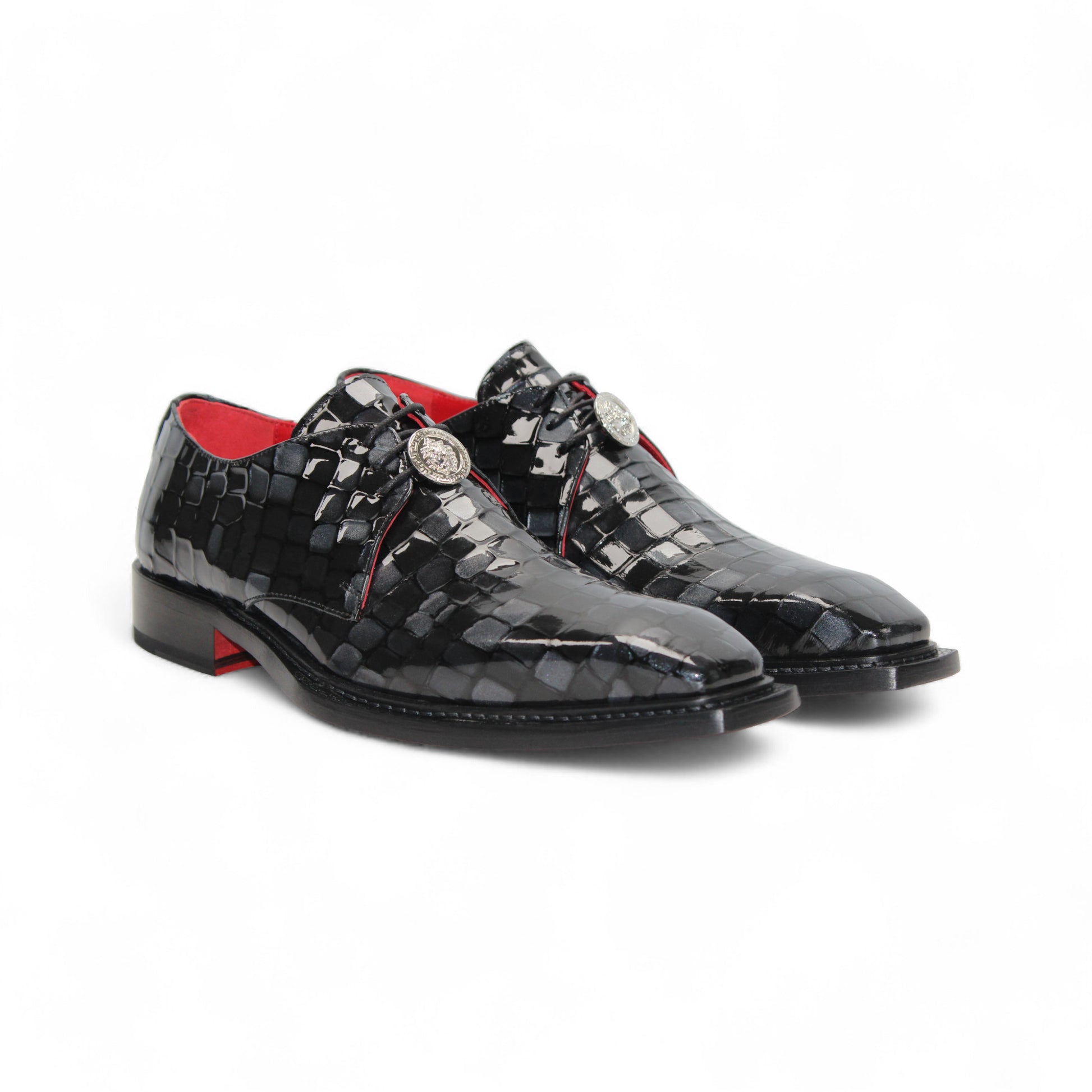 The Emilio Franco Couture Santo Black Combo is a black Italian patent leather dress shoe with a woven checkerboard pattern, red interior lining, lace-up closure, and low heel by Emilio Franco Couture—luxury footwear on a white background.