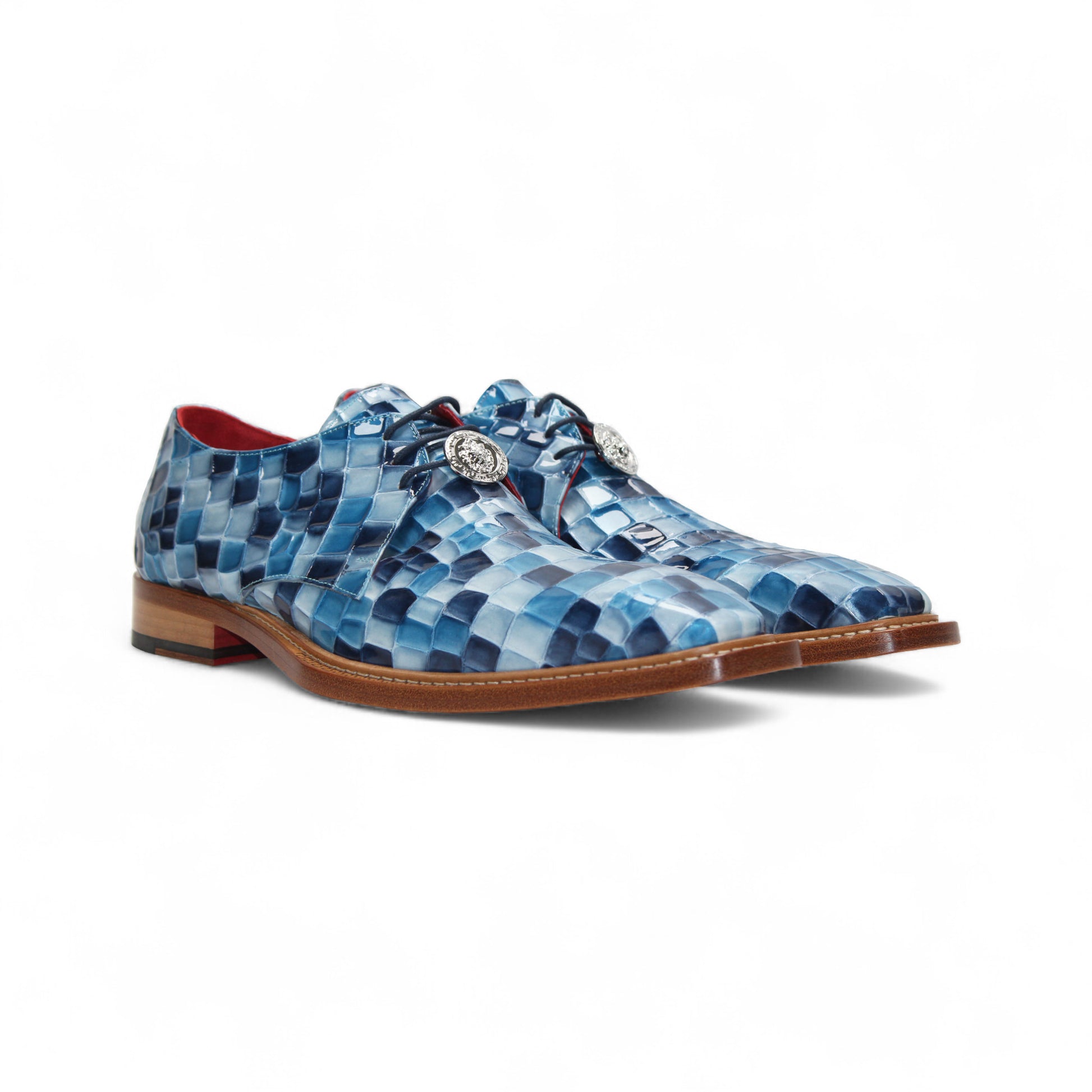 The Emilio Franco Couture Santo Blue Combo men's dress shoe features a blue checkered pattern, leather sole, and red interior lining. Displayed in side profile on a white background, this luxury footwear is by Emilio Franco Couture.