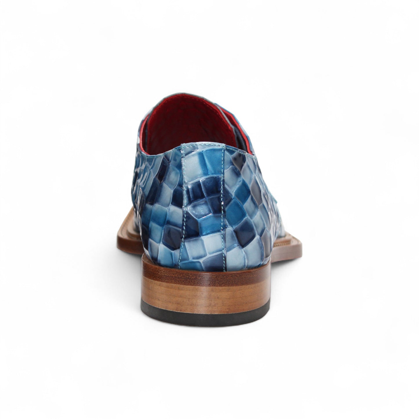 The Emilio Franco Couture Santo Blue Combo men's dress shoe features a blue checkered pattern, leather sole, and red interior lining. Displayed in side profile on a white background, this luxury footwear is by Emilio Franco Couture.