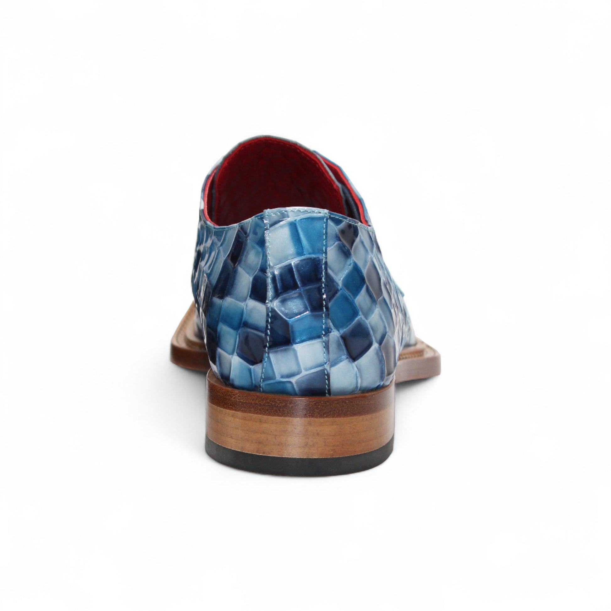 The Emilio Franco Couture Santo Blue Combo men's dress shoe features a blue checkered pattern, leather sole, and red interior lining. Displayed in side profile on a white background, this luxury footwear is by Emilio Franco Couture.