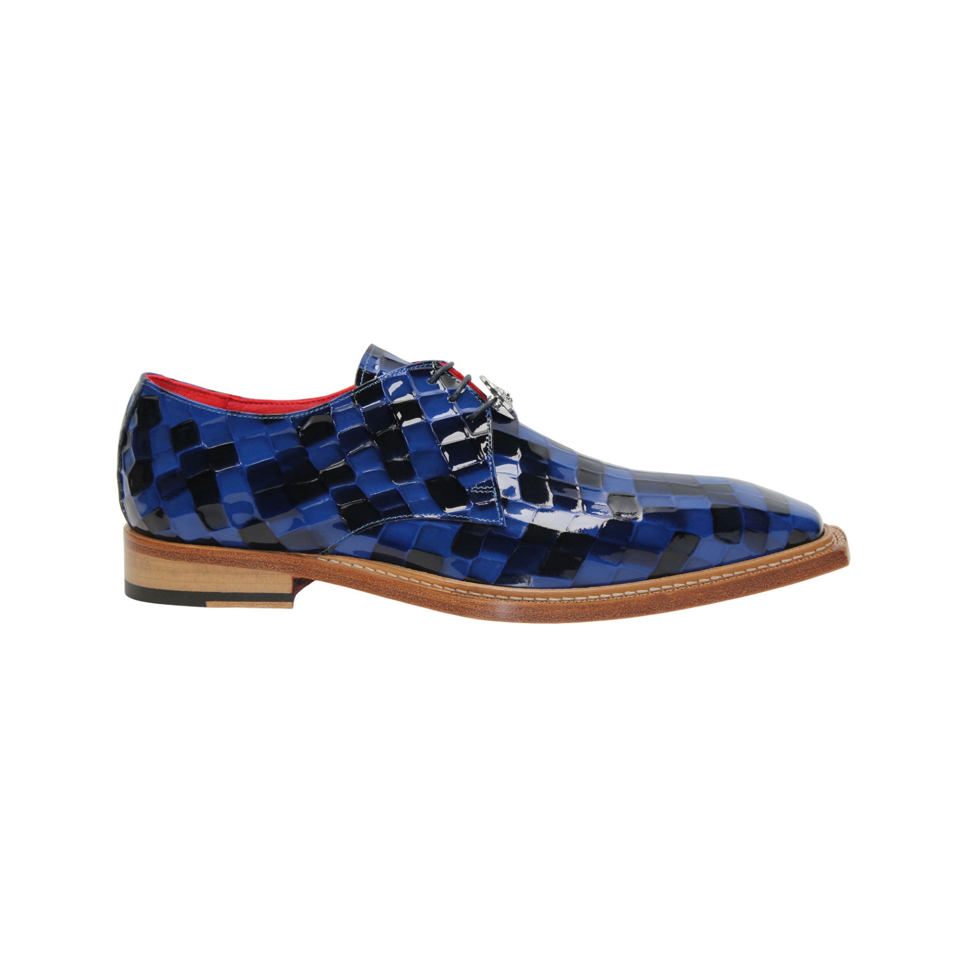 The Emilio Franco Couture Santo Dark Blue Combo features a blue checkered patent leather finish, brown sole, and red interior details—exemplifying Italian craftsmanship—by Emilio Franco Couture, photographed on a white background.