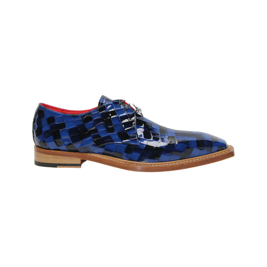 The Emilio Franco Couture Santo Dark Blue Combo features a blue checkered patent leather finish, brown sole, and red interior details—exemplifying Italian craftsmanship—by Emilio Franco Couture, photographed on a white background.