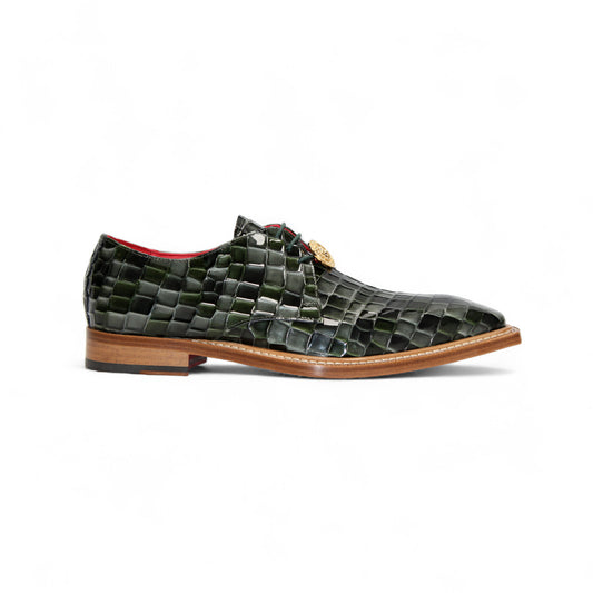 The Emilio Franco Couture "Santo" Green Combo Shoes feature a dark green woven-pattern leather, leather sole, and a small gold accent near the laces, presented on a white background.