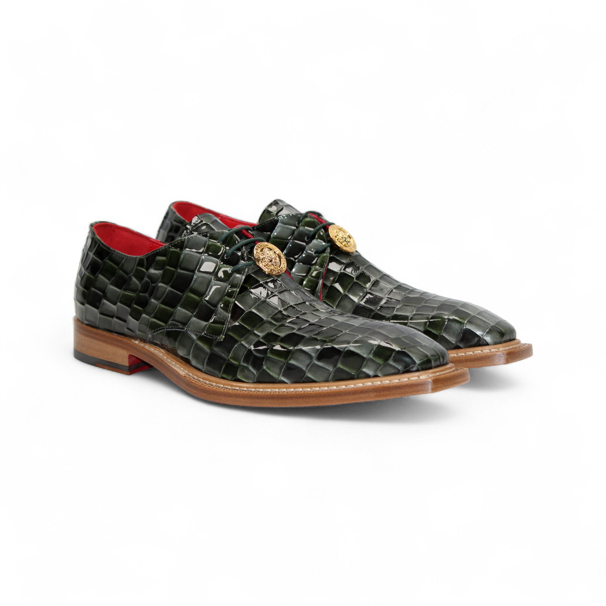 The Emilio Franco Couture Santo Green Combo shoe features dark green croco multi print leather, a pointed toe, gold lace accent, wooden sole, and red lining—luxury footwear by Emilio Franco Couture, shown in profile on a white background.