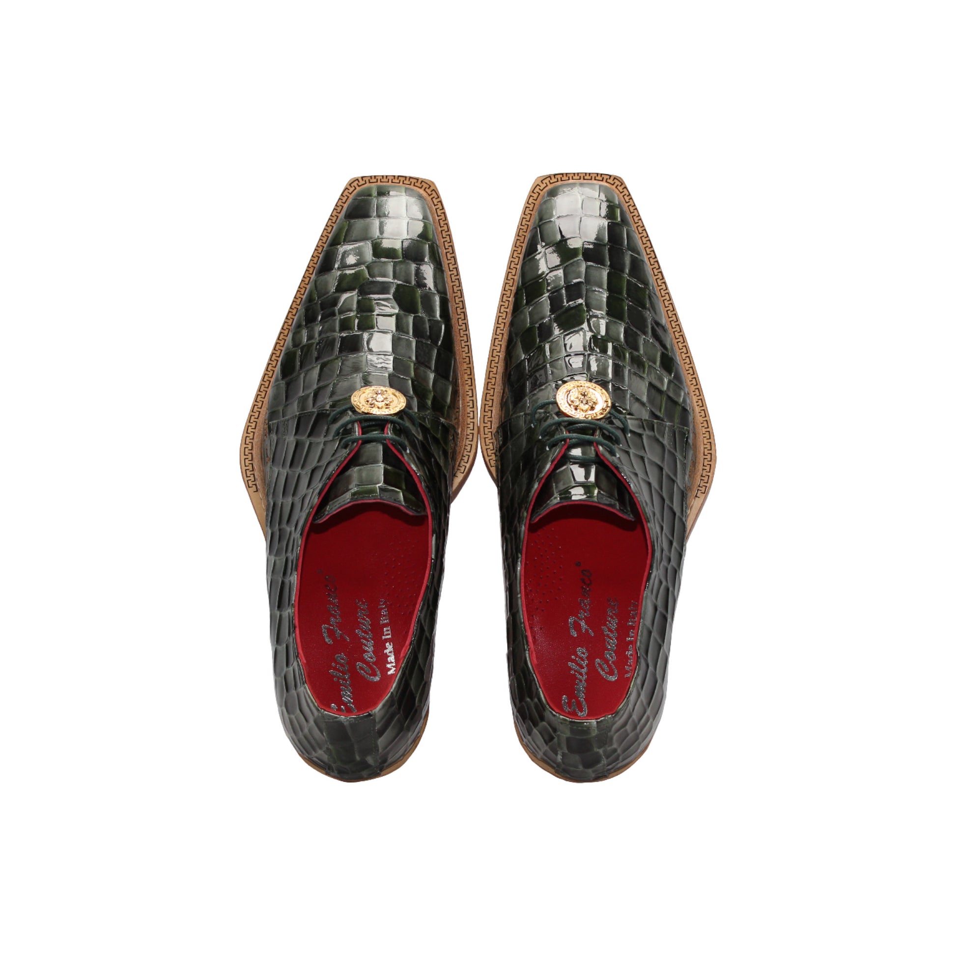 The Emilio Franco Couture Santo Green Combo shoe features dark green croco multi print leather, a pointed toe, gold lace accent, wooden sole, and red lining—luxury footwear by Emilio Franco Couture, shown in profile on a white background.