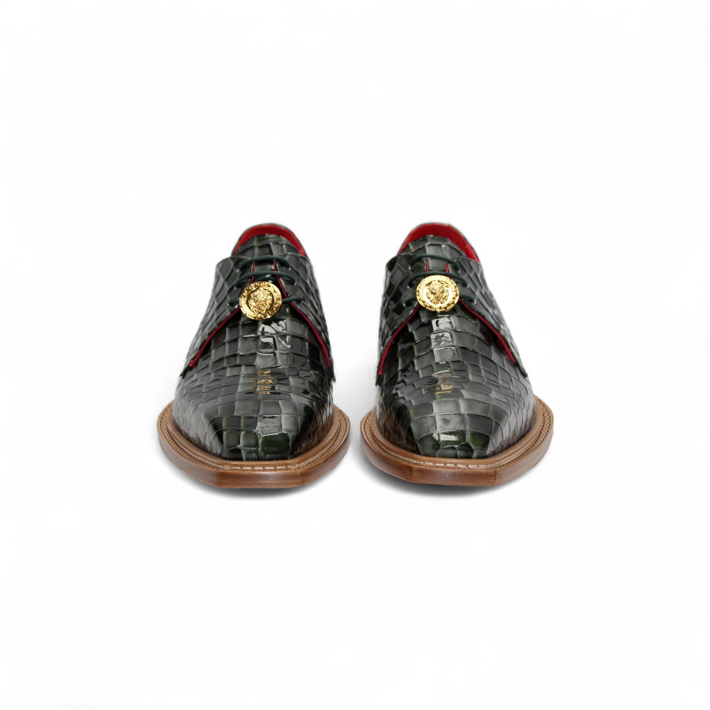 The Emilio Franco Couture Santo Green Combo shoe features dark green croco multi print leather, a pointed toe, gold lace accent, wooden sole, and red lining—luxury footwear by Emilio Franco Couture, shown in profile on a white background.