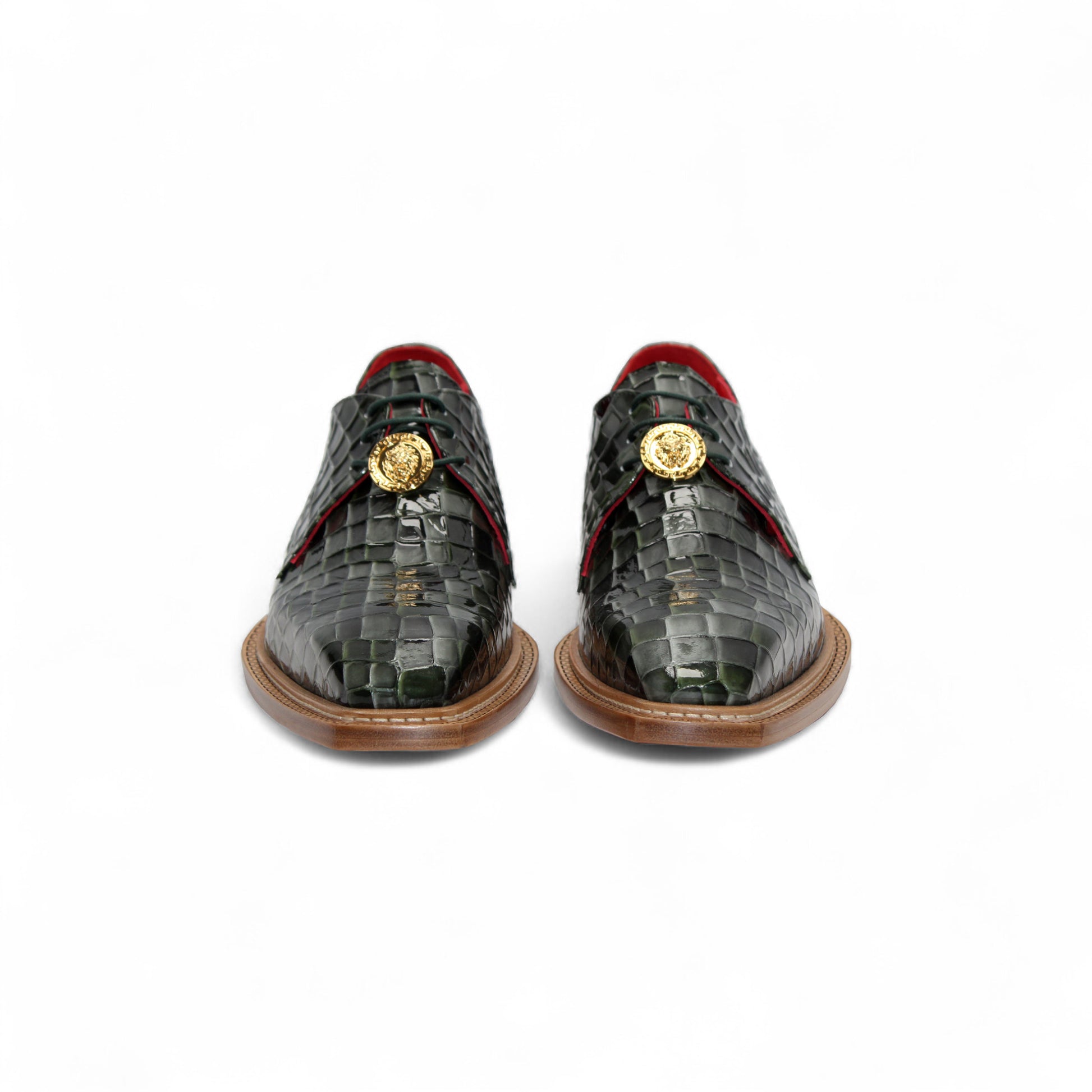 The Emilio Franco Couture Santo Green Combo shoe features dark green croco multi print leather, a pointed toe, gold lace accent, wooden sole, and red lining—luxury footwear by Emilio Franco Couture, shown in profile on a white background.