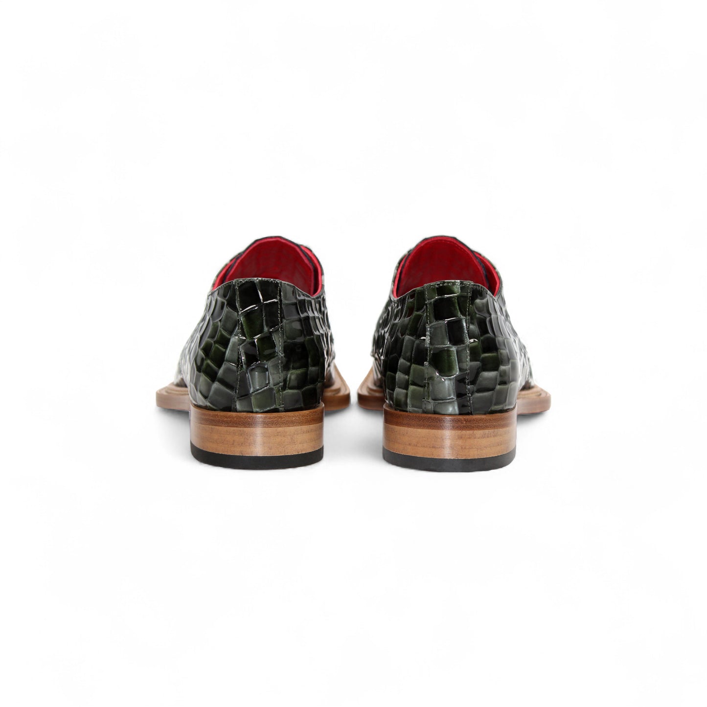 The Emilio Franco Couture Santo Green Combo shoe features dark green croco multi print leather, a pointed toe, gold lace accent, wooden sole, and red lining—luxury footwear by Emilio Franco Couture, shown in profile on a white background.