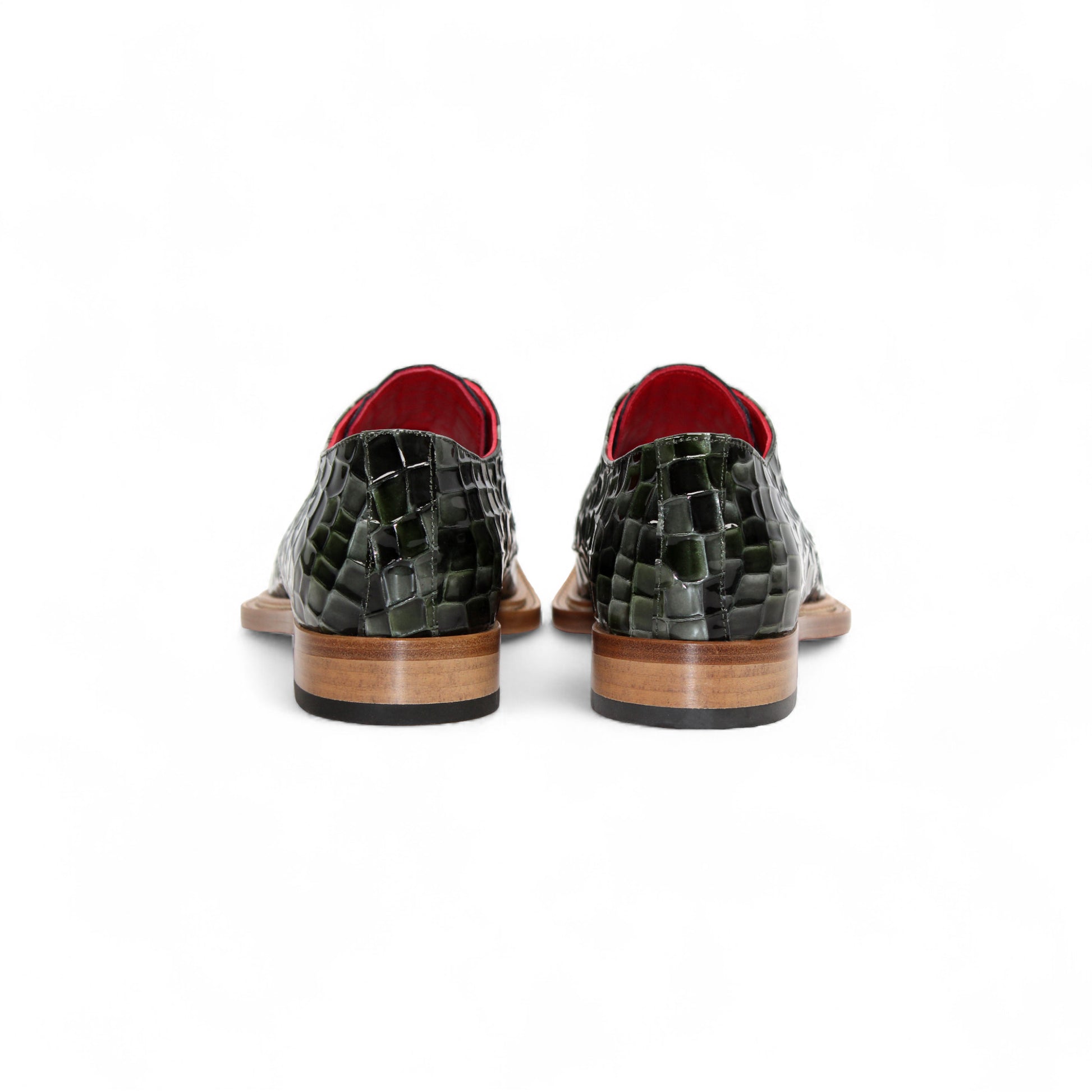 The Emilio Franco Couture Santo Green Combo shoe features dark green croco multi print leather, a pointed toe, gold lace accent, wooden sole, and red lining—luxury footwear by Emilio Franco Couture, shown in profile on a white background.