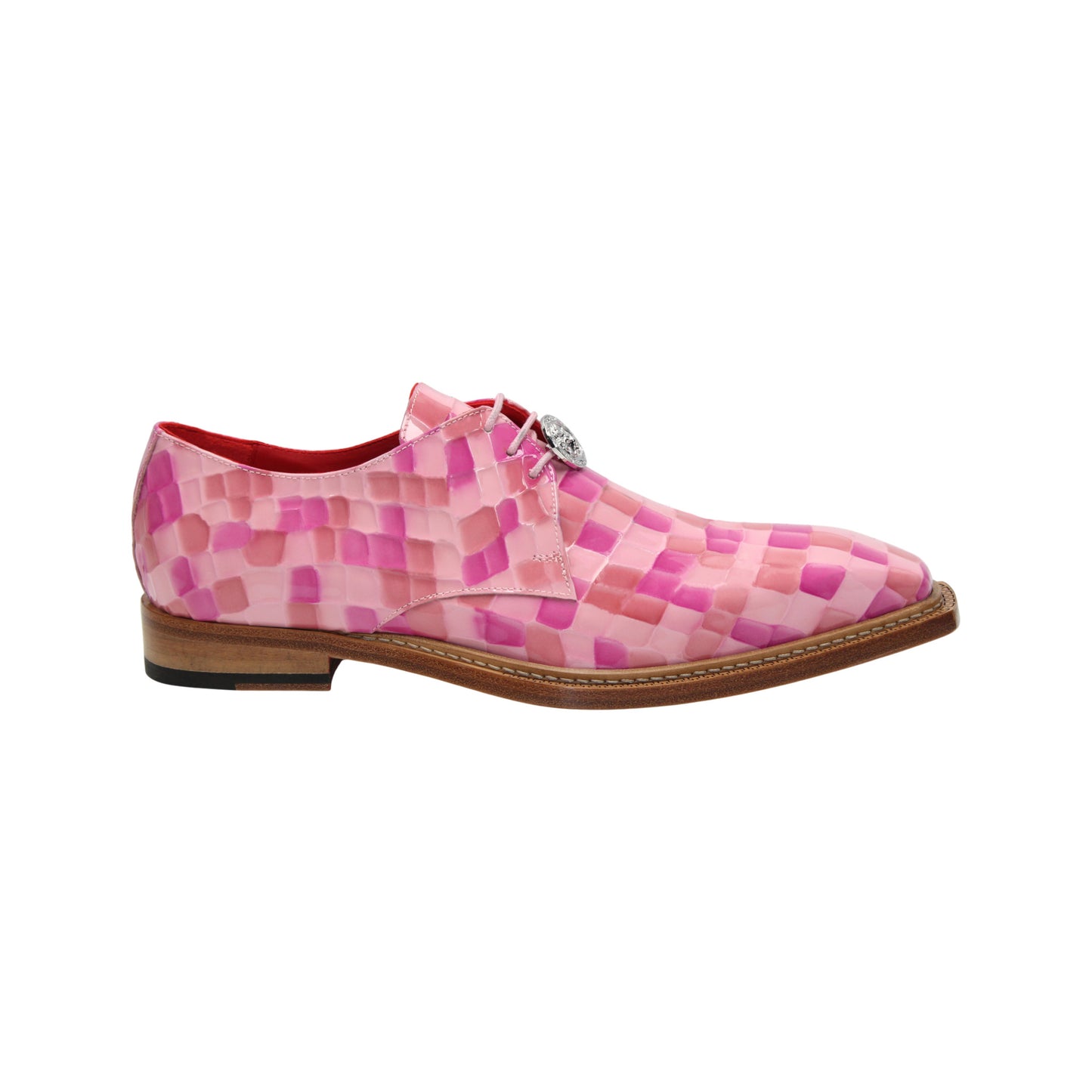 The Emilio Franco Couture Santo Pink Combo, a pink and purple croco print dress shoe with brown sole, low heel, and lace-up closure, highlights Italian craftsmanship from Emilio Franco Couture.
