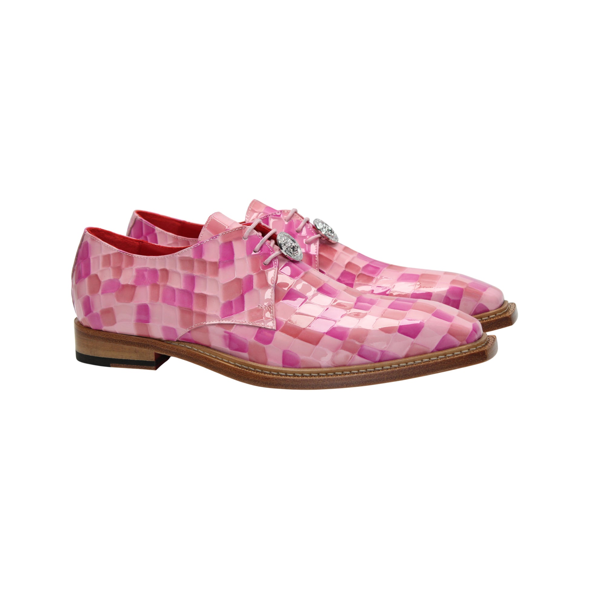 The Emilio Franco Couture Santo Pink Combo, a pink and purple croco print dress shoe with brown sole, low heel, and lace-up closure, highlights Italian craftsmanship from Emilio Franco Couture.