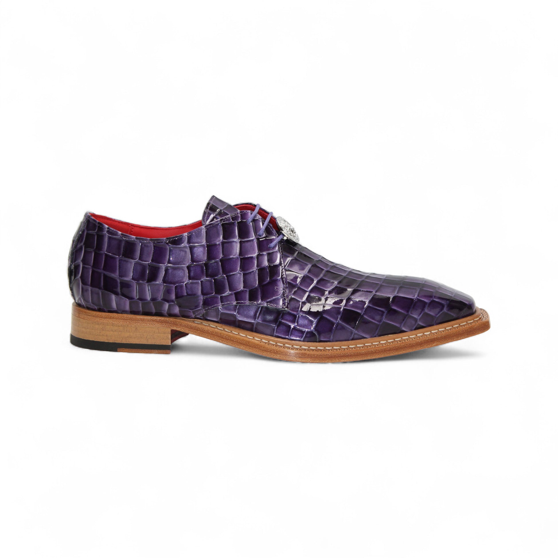 The Emilio Franco Couture Santo Purple Combo dress shoe by Emilio Franco Couture features purple croco multi-print leather, a wooden sole, and red inner lining, displayed in profile on a white background.