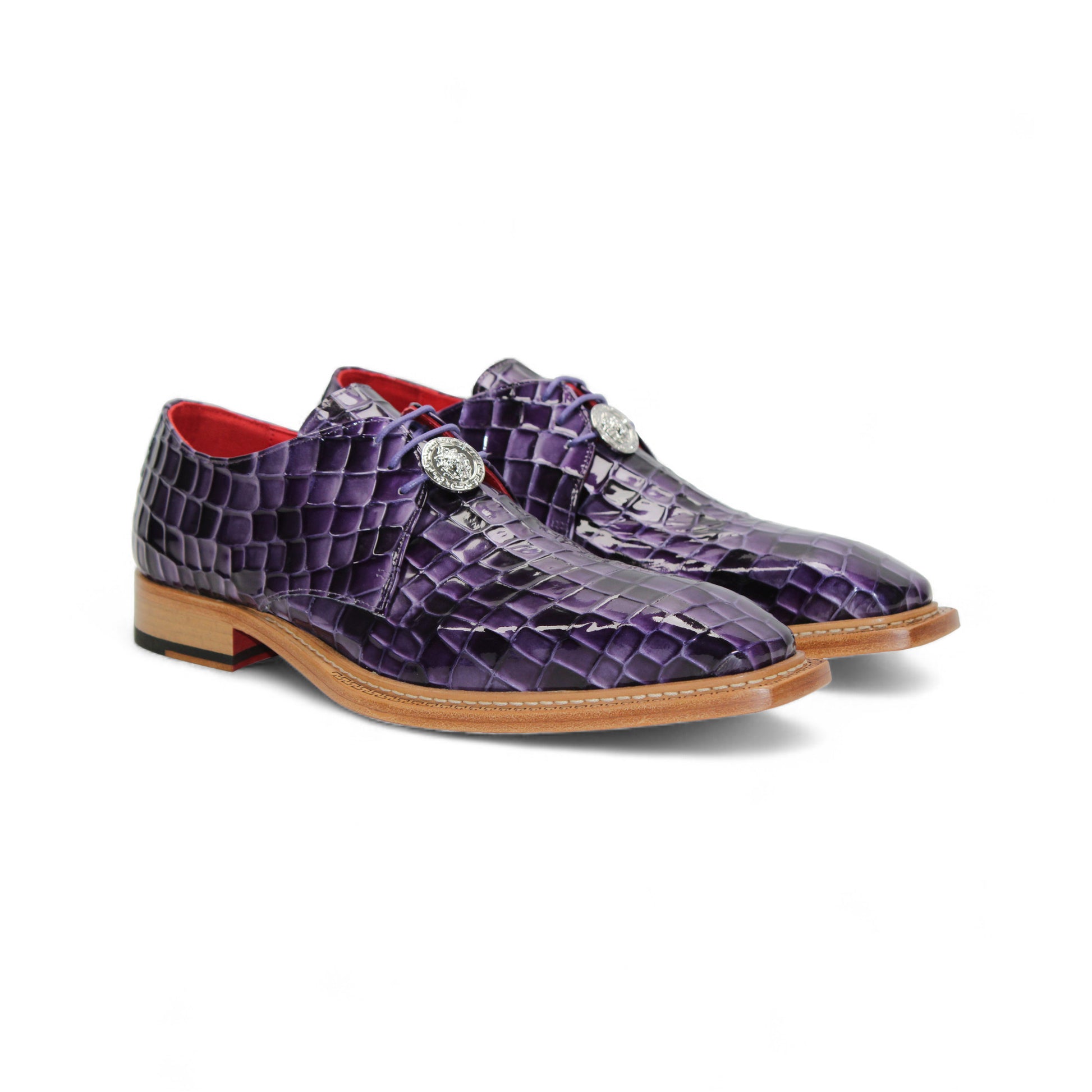 The Emilio Franco Couture Santo Purple Combo dress shoe by Emilio Franco Couture features purple croco multi-print leather, a wooden sole, and red inner lining, displayed in profile on a white background.