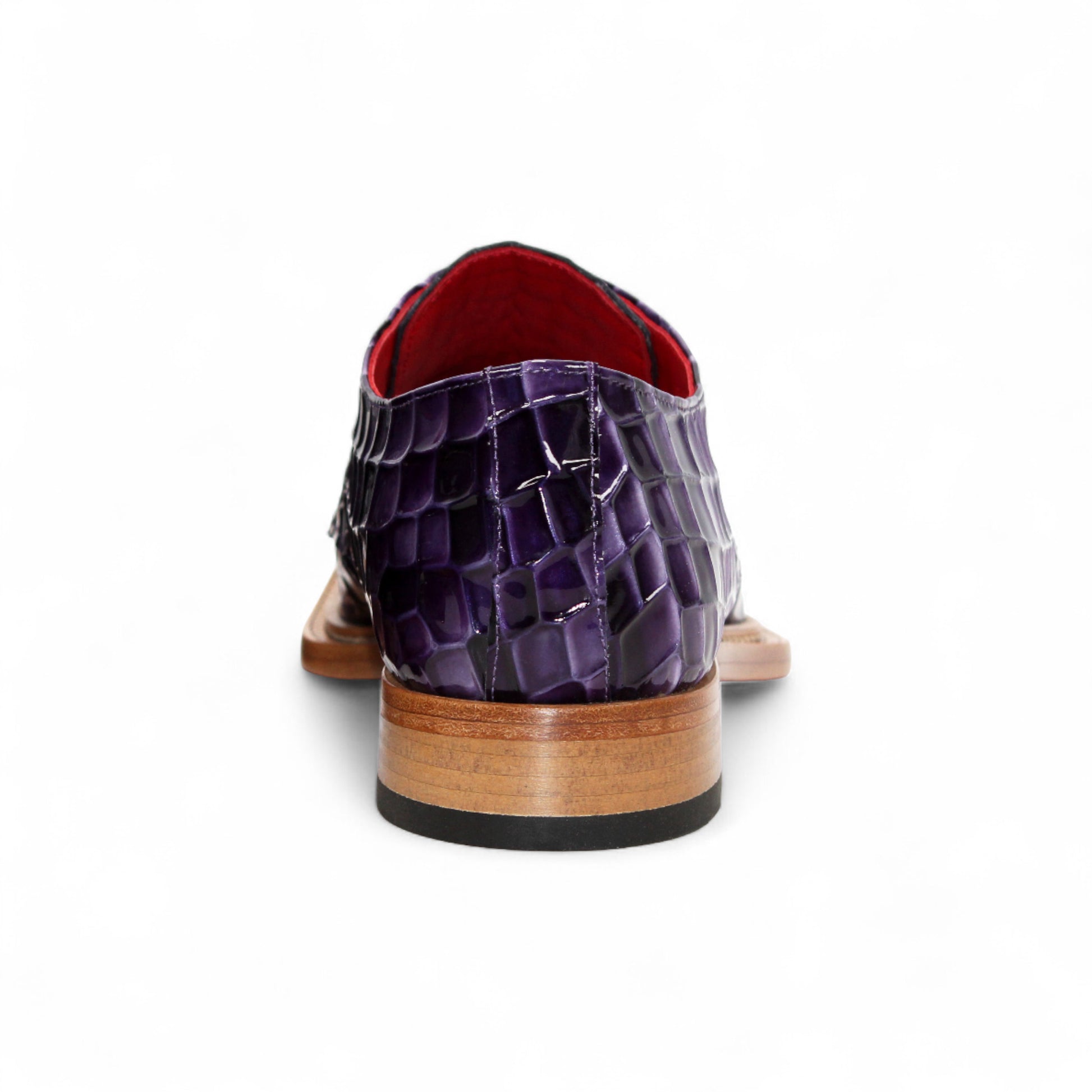 The Emilio Franco Couture Santo Purple Combo dress shoe by Emilio Franco Couture features purple croco multi-print leather, a wooden sole, and red inner lining, displayed in profile on a white background.