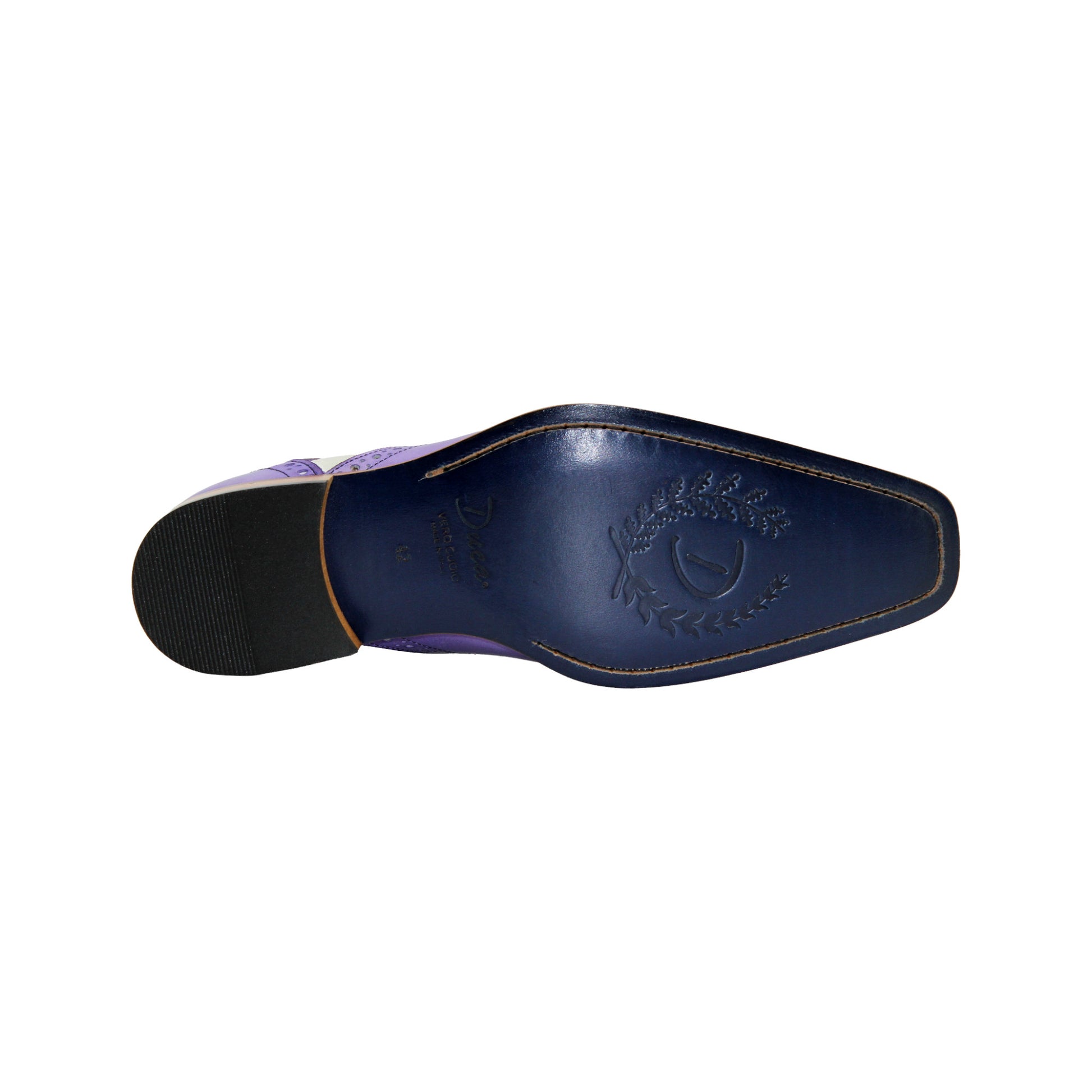 The Duca Di Matiste Duca Saranno Lavender/Panna is an Italian-made two-tone dress shoe in purple and white leather, with decorative perforations and a wooden sole, shown in a side view.