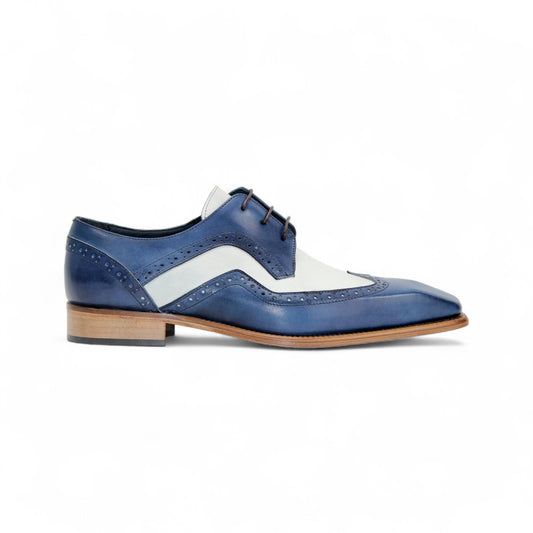 The Duca Di Matiste Duca Saranno Spring Blue/White is an Italian leather oxford dress shoe with perforated detailing, lace-up closure, and a low wooden heel, shown in profile on a white background.
