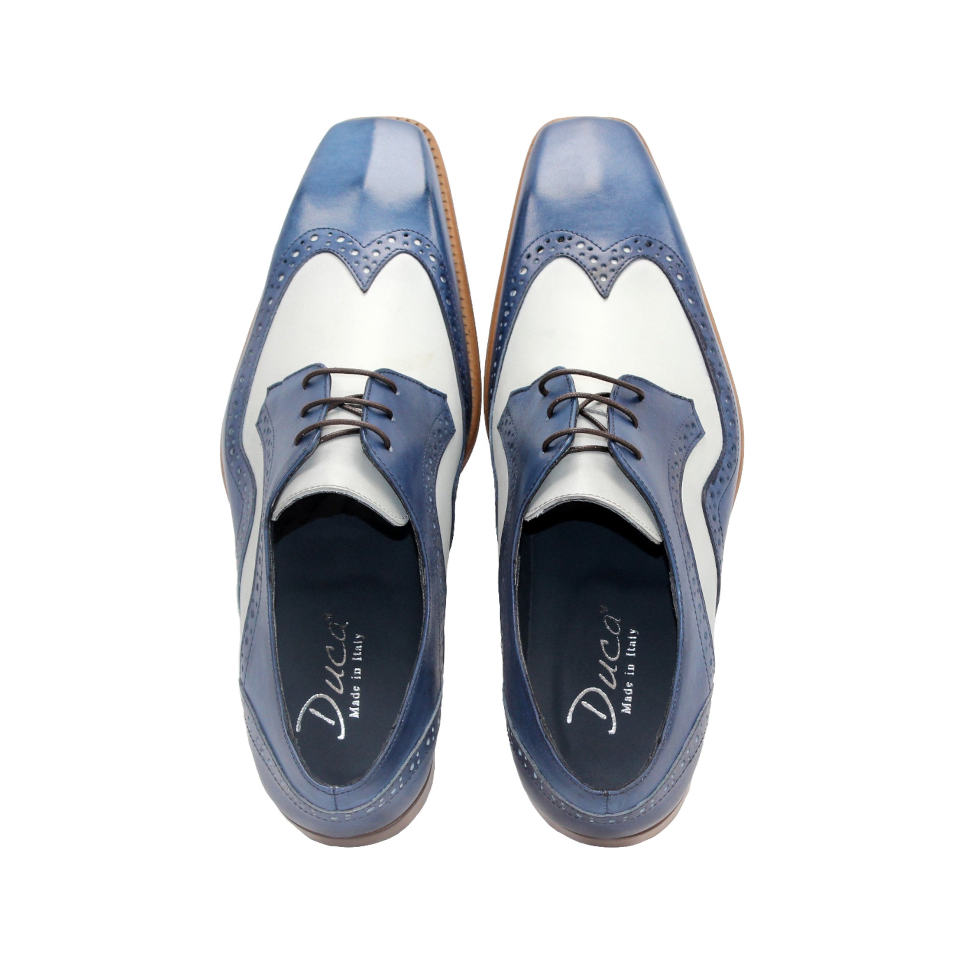The Duca Di Matiste Duca Saranno Spring Blue/White is an Italian leather oxford dress shoe with perforated detailing, lace-up closure, and a low wooden heel, shown in profile on a white background.