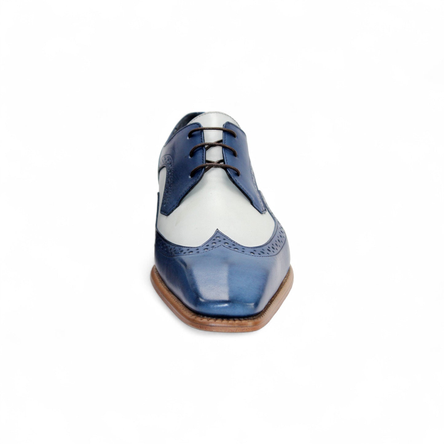 The Duca Di Matiste Duca Saranno Spring Blue/White is an Italian leather oxford dress shoe with perforated detailing, lace-up closure, and a low wooden heel, shown in profile on a white background.