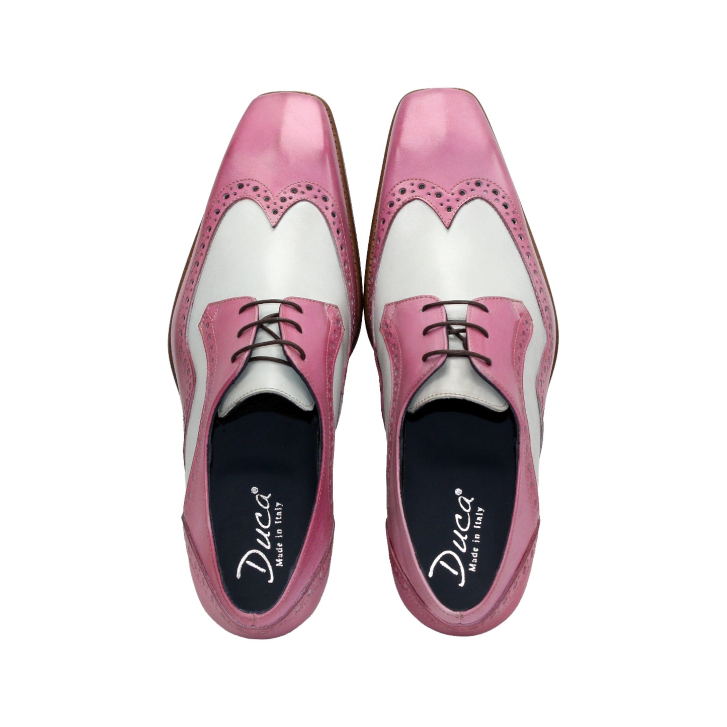 Duca Di Matiste’s Duca Saranno Pink/Panna is a two-tone oxford dress shoe in pink and white genuine leather with brogue detailing, wood sole, and lace-up closure—elegantly crafted in Italy and shown in profile on a white background.