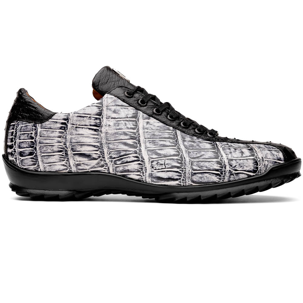 The Saulo Newspaper / Black sneakers by Marco Di Milano are luxury men's shoes featuring a black and white crocodile pattern, black laces, and a textured sole, showcased on a white background.