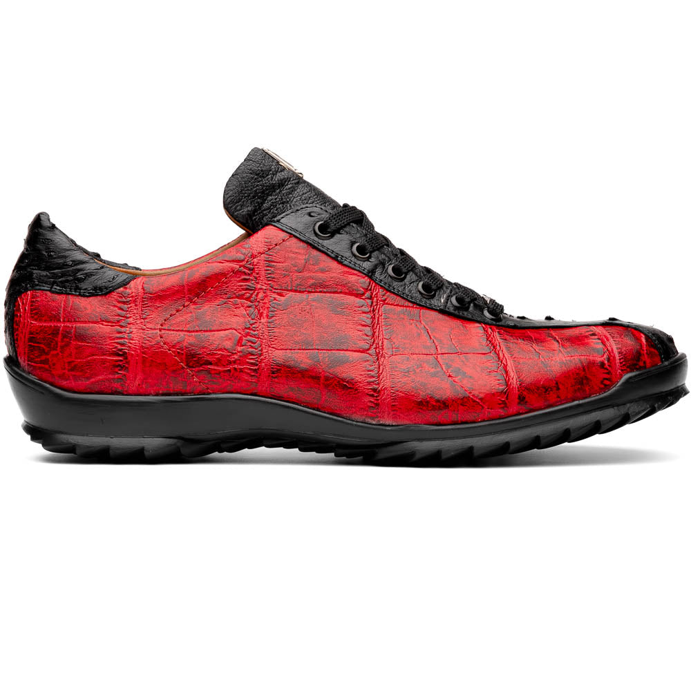 The Saulo BlackCherry by Marco Di Milano features red and black crocodile-patterned leather, black laces, and textured black rubber soles—making a bold statement in luxury men's footwear.