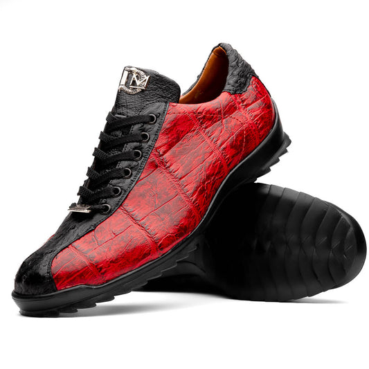 The Saulo BlackCherry by Marco Di Milano features red and black crocodile-patterned leather, black laces, and textured black rubber soles—making a bold statement in luxury men's footwear.