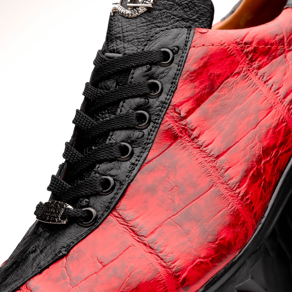 The Saulo BlackCherry by Marco Di Milano features red and black crocodile-patterned leather, black laces, and textured black rubber soles—making a bold statement in luxury men's footwear.